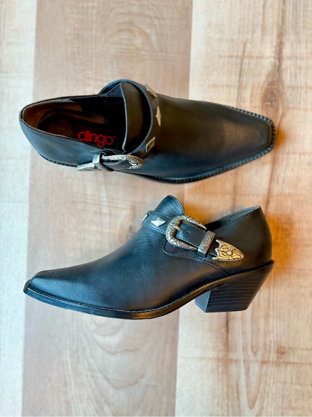 Vintage Dingo Black Leather Western Buckle Heel Boots Womens Size 6.5